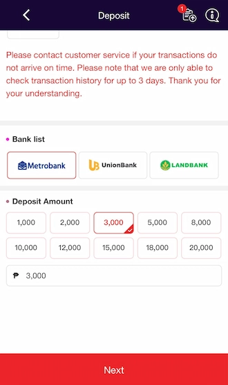 Step 2: enter the deposit amount and click "Next".