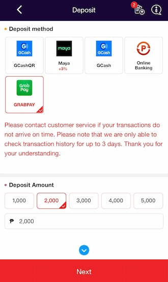 Step 1: Select the method as GrapPay & enter the deposit amount.